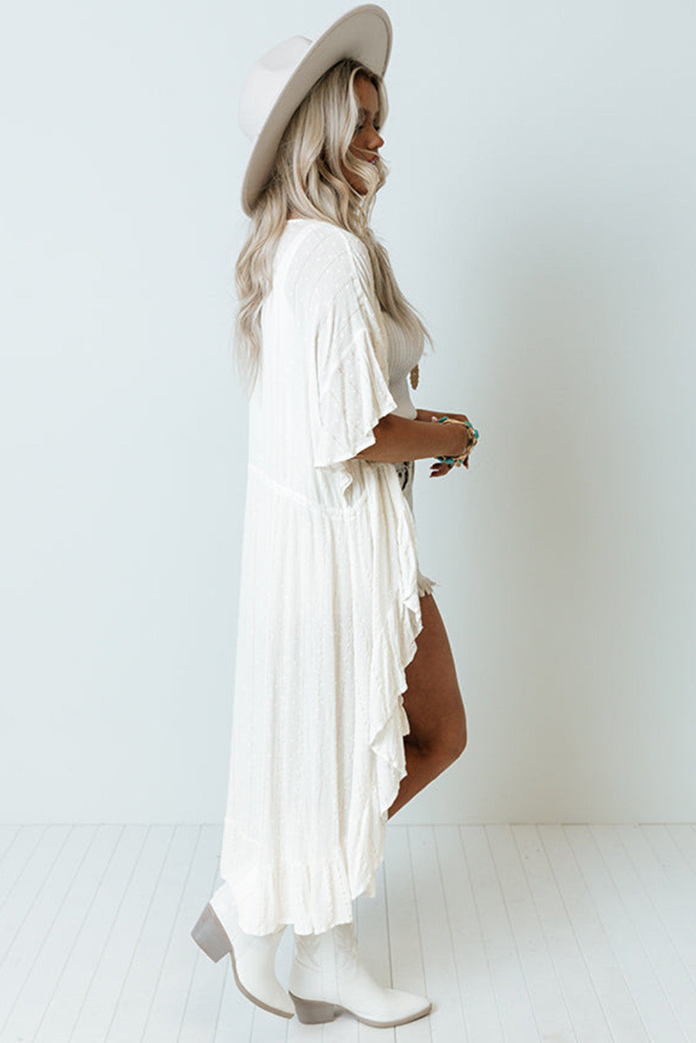 Loose Half Sleeve Cinched Waist Ruffled Duster Kimono