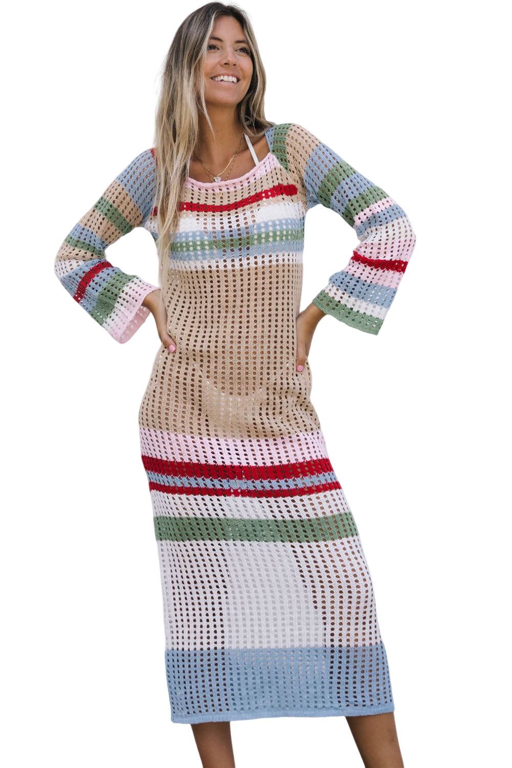 Hollow Out Knit Striped Bell Sleeve Beach Cover Up