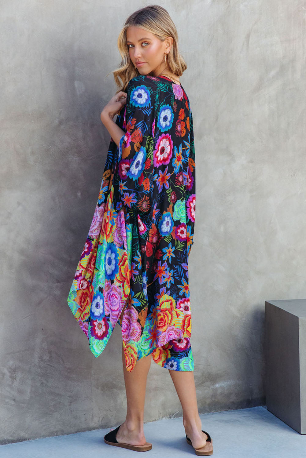 Multicolor Bohemian Floral Print Half Sleeve Open Front Kimono