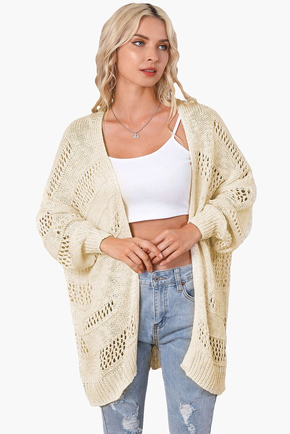 Pink Casual Hollowed Knit Dolman Sleeve Cardigan