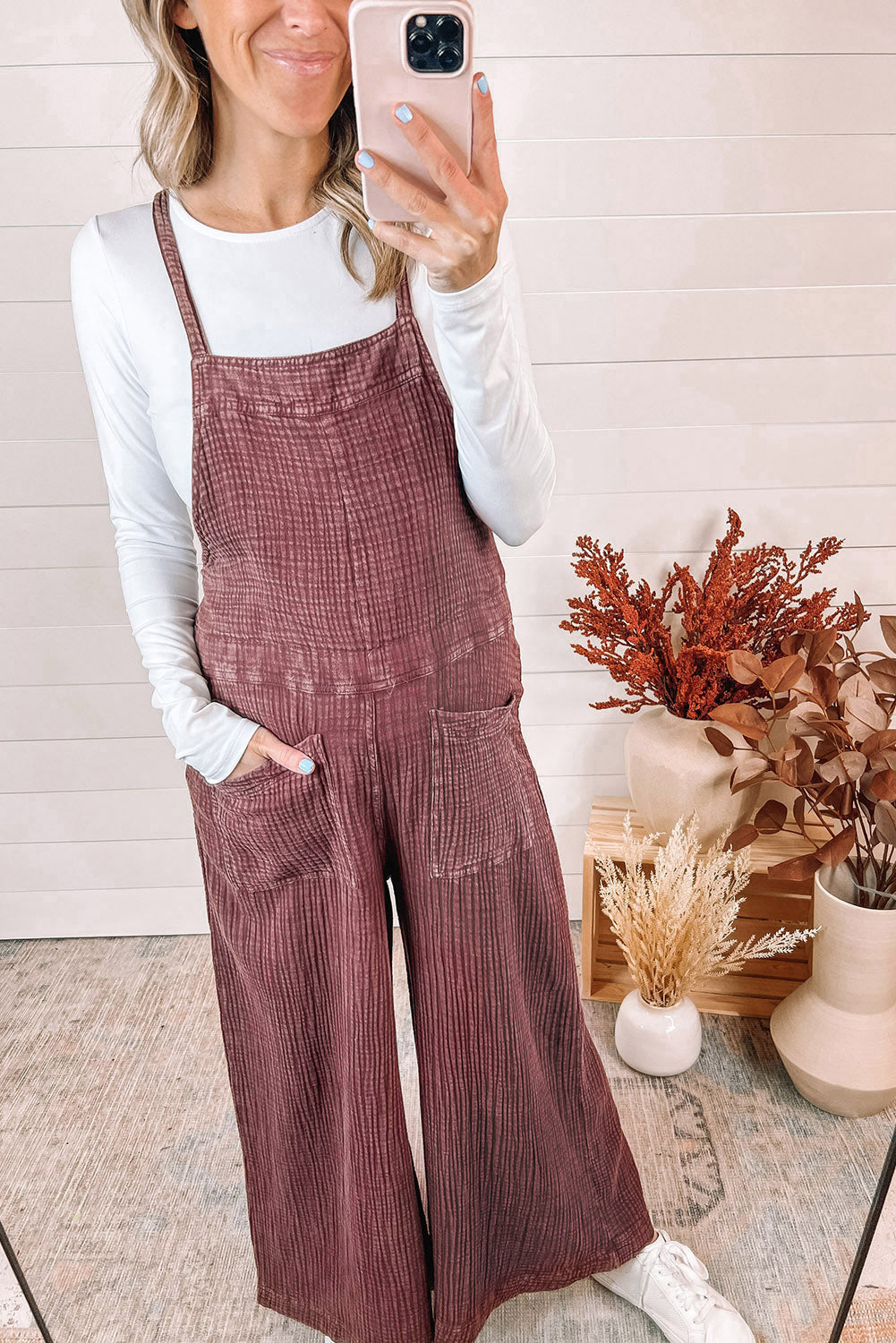 Fiery Red Textured Shoulder Straps Pocketed Overalls