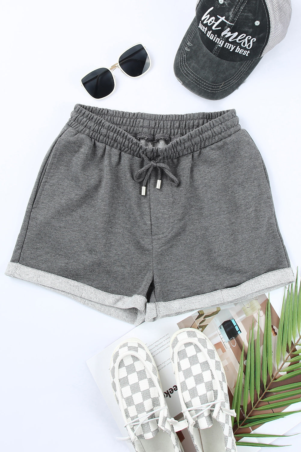 Tie Waist Side Pockets Cuffed Lounge Shorts