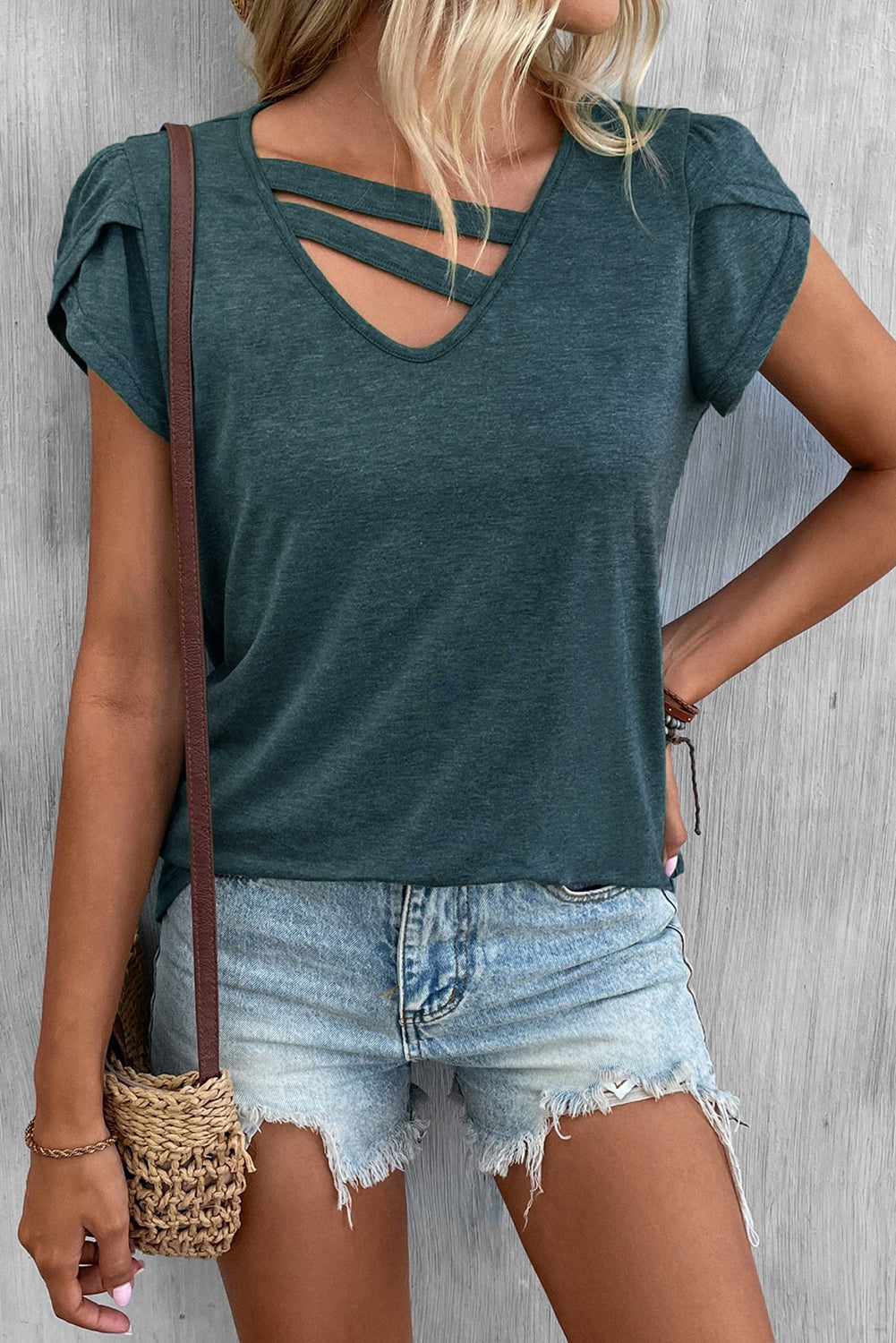 Green Strappy V Neck Overlap Short Sleeve Top