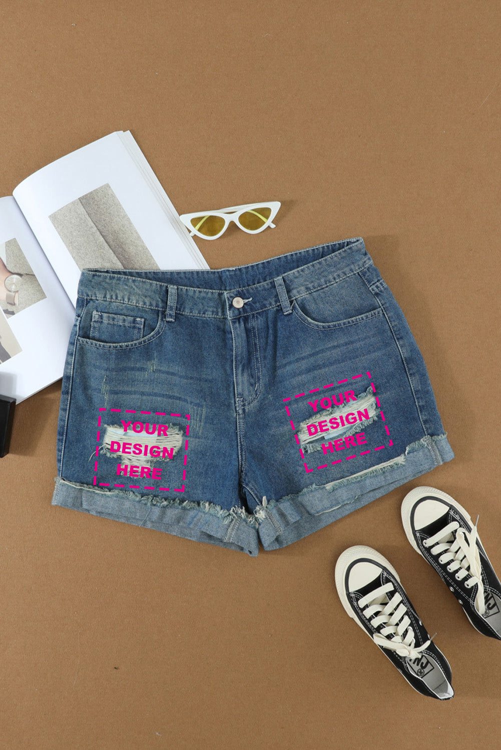 Distressed Ripped Rolled Hem Sky Blue Denim Shorts