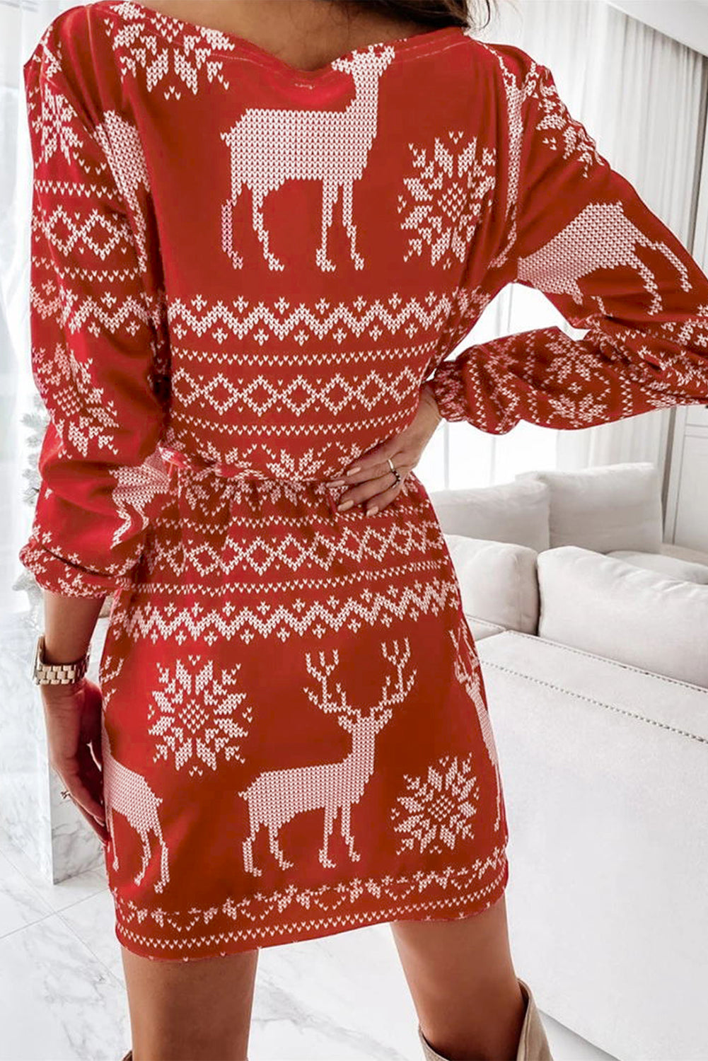 White/Red Christmas Pattern Print Lace-up Long Sleeve Mini Dress