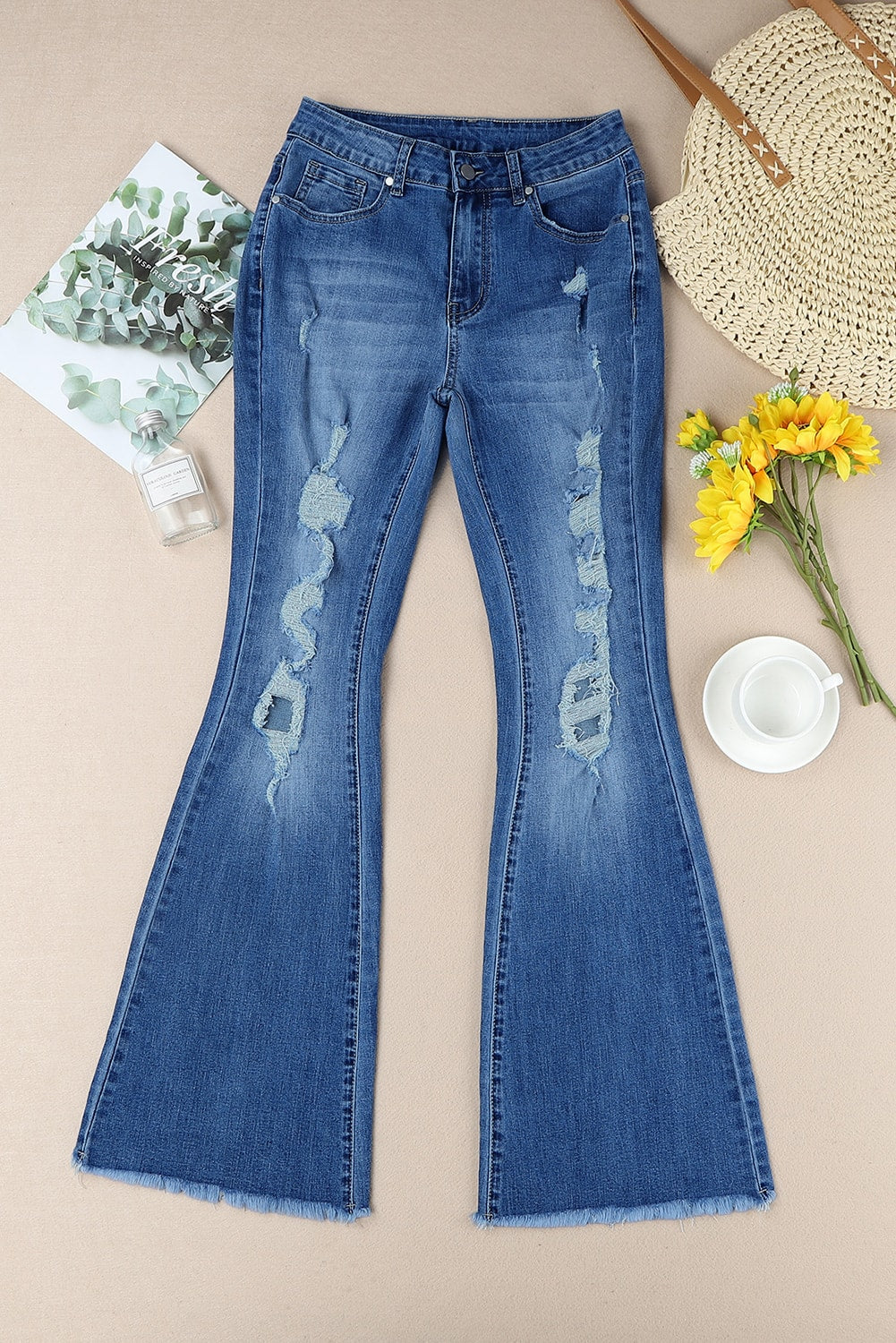 Distressed Raw Hem High Waist Flare Jeans