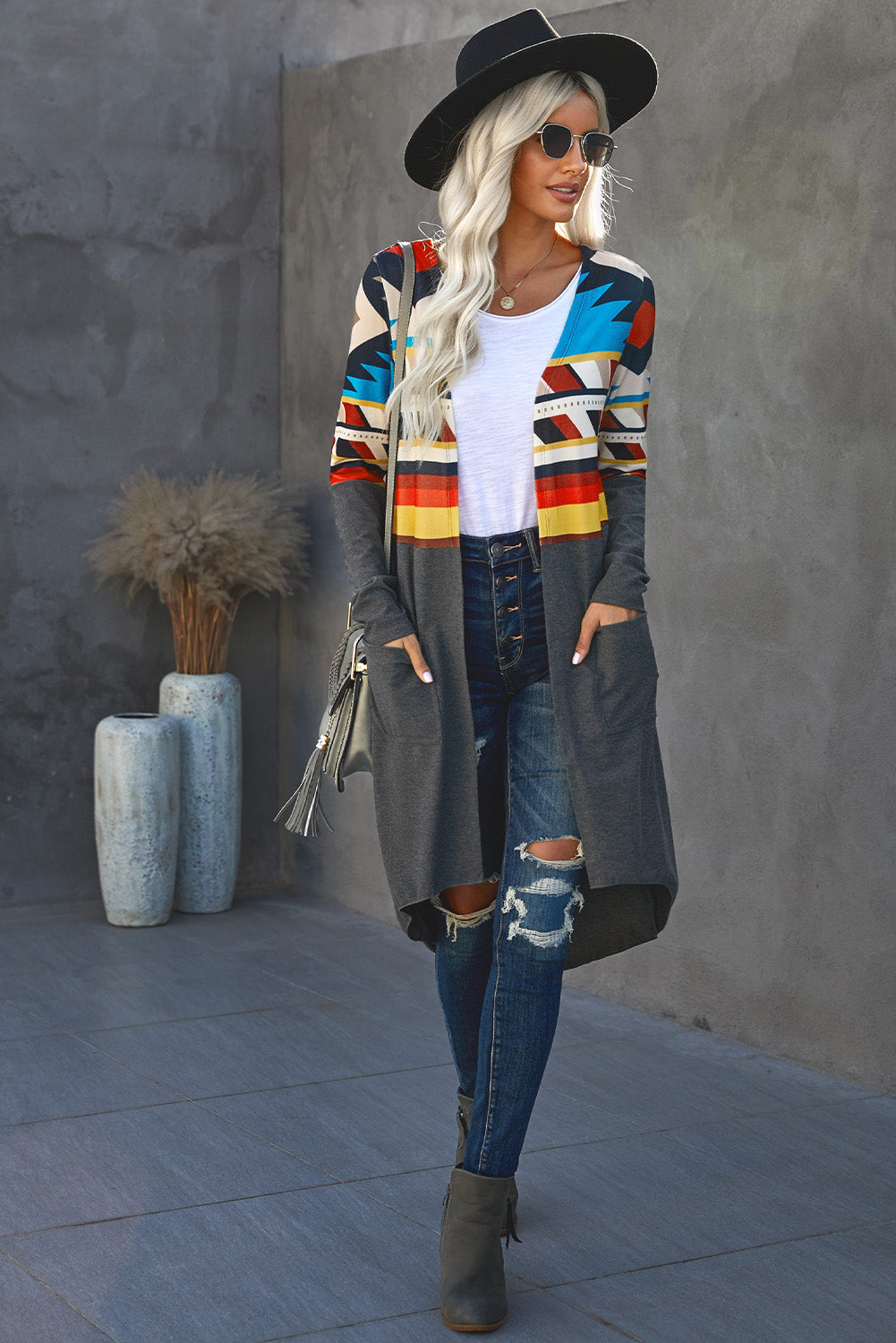 Tribal Printed Open Front Long Cardigan