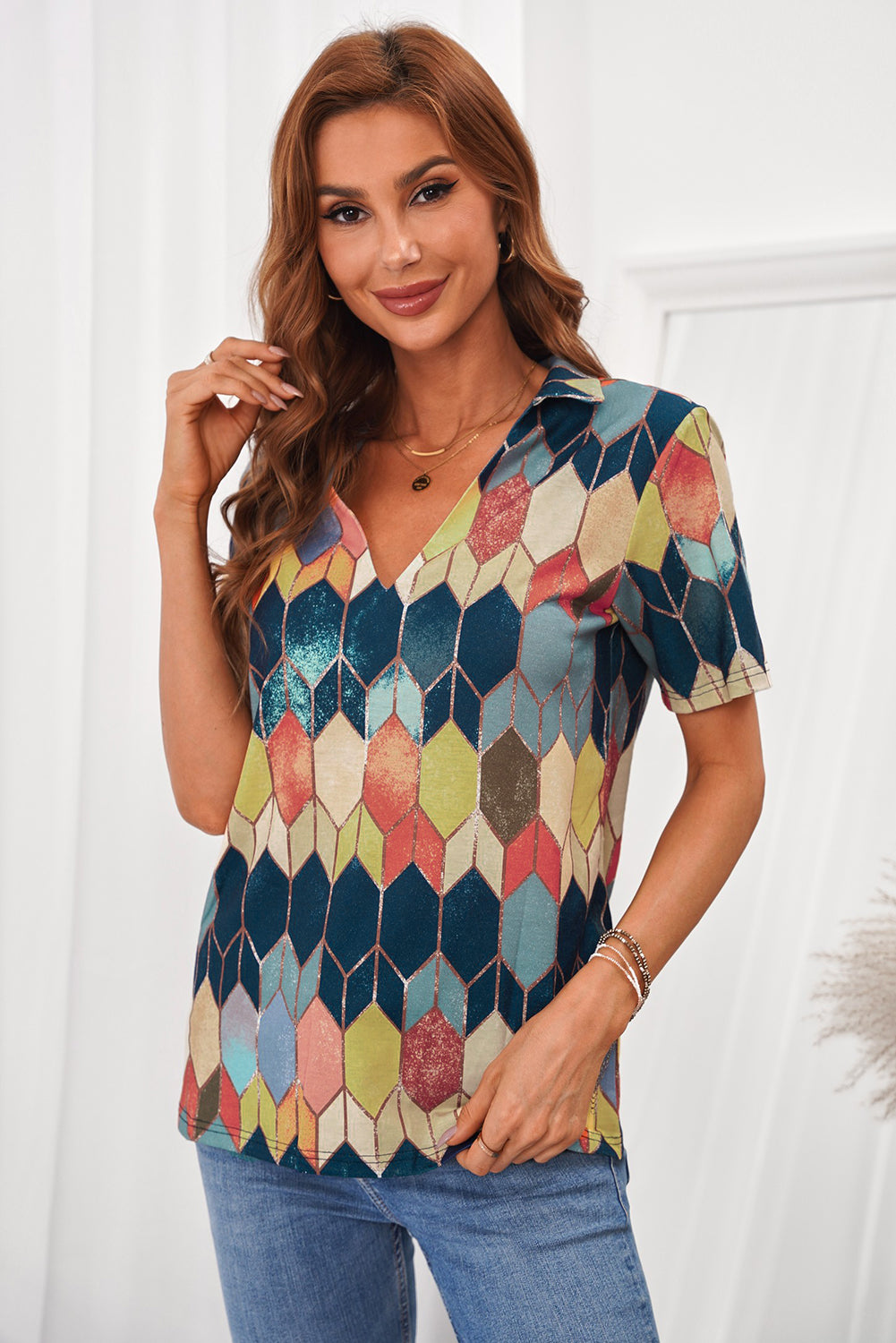 Geometric Color Bock V Neck Short Sleeve T Shirt