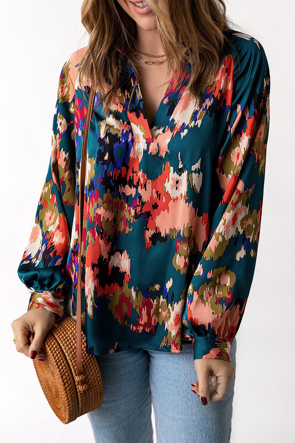 Graffiti Printed V Neck Puff Sleeve Blouse