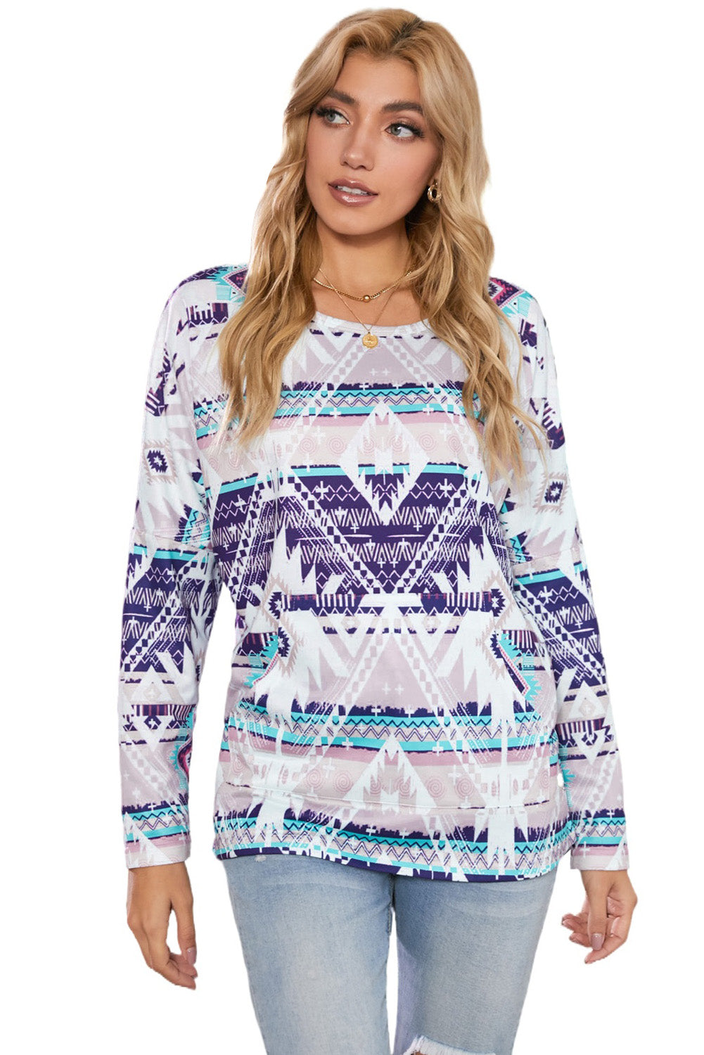 Multicolor Rustic Tribal Front Pocket Long Sleeve Top
