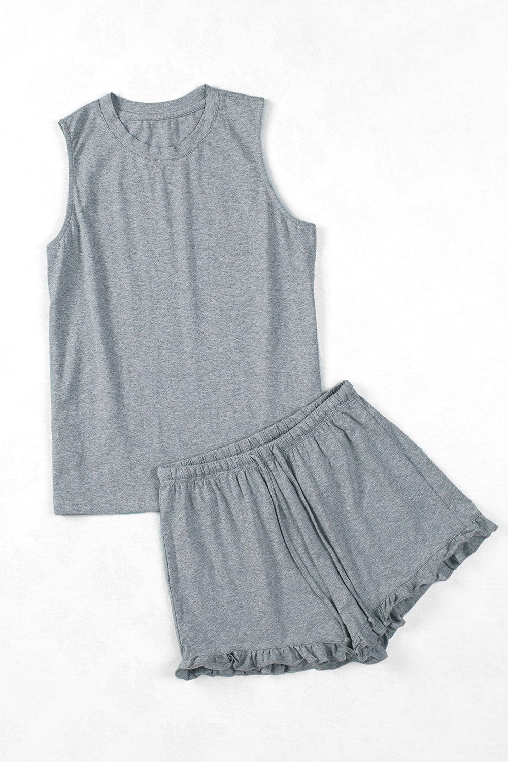 Crew Neck Tank and Drawstring Ruffled Shorts Lounge Set