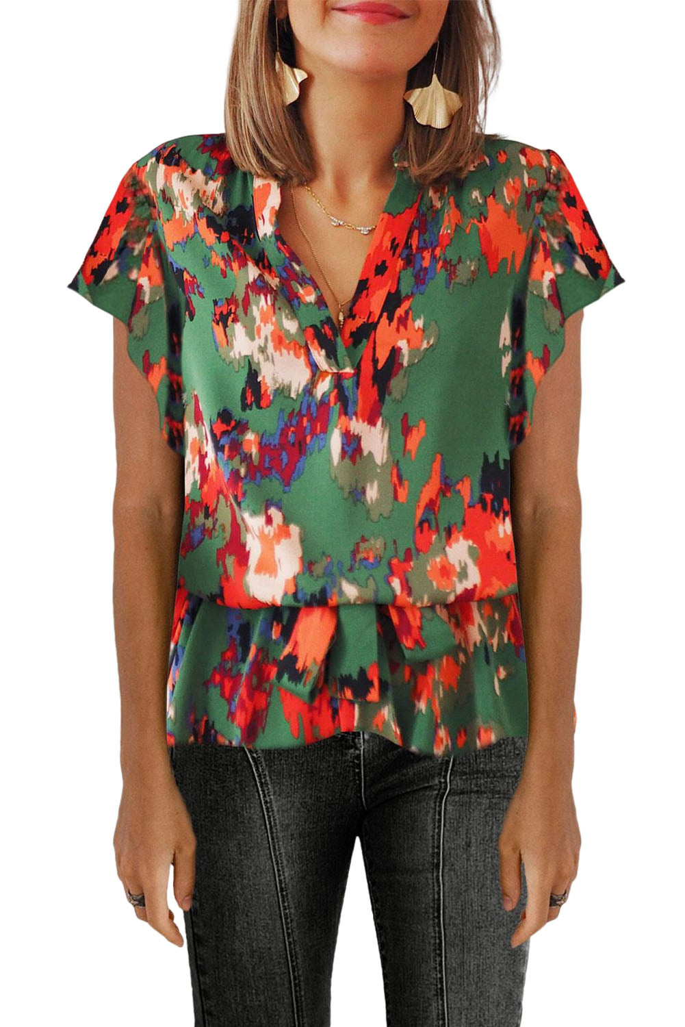 Graffiti Printed V Neck Puff Sleeve Blouse