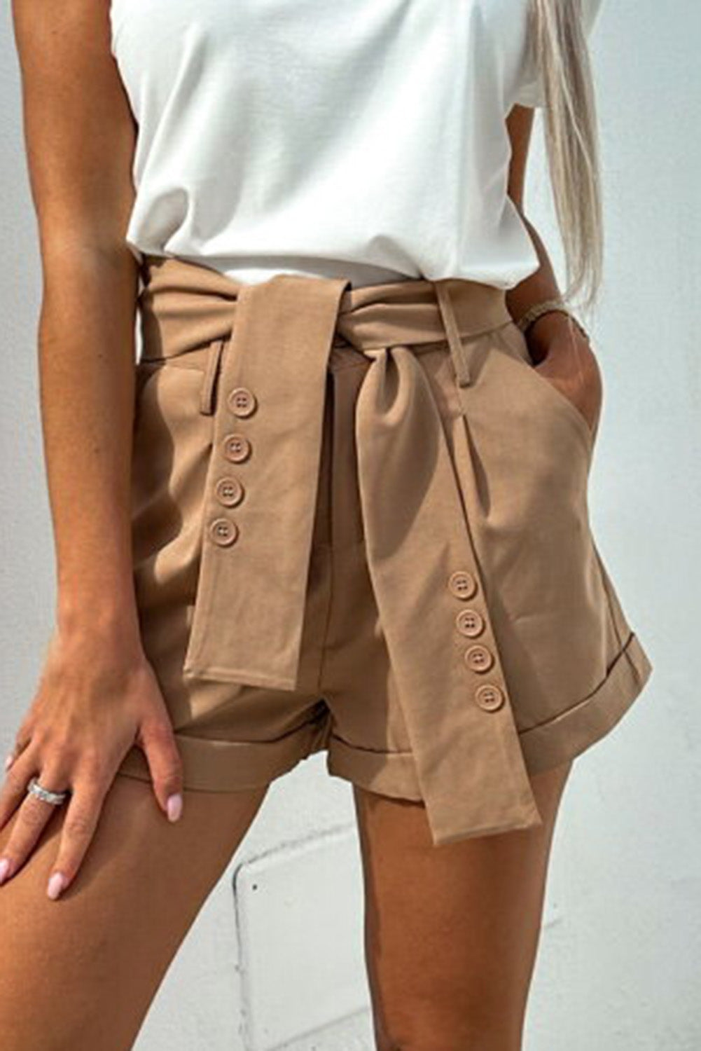 Button Decor Belt Rolled Hem Shorts