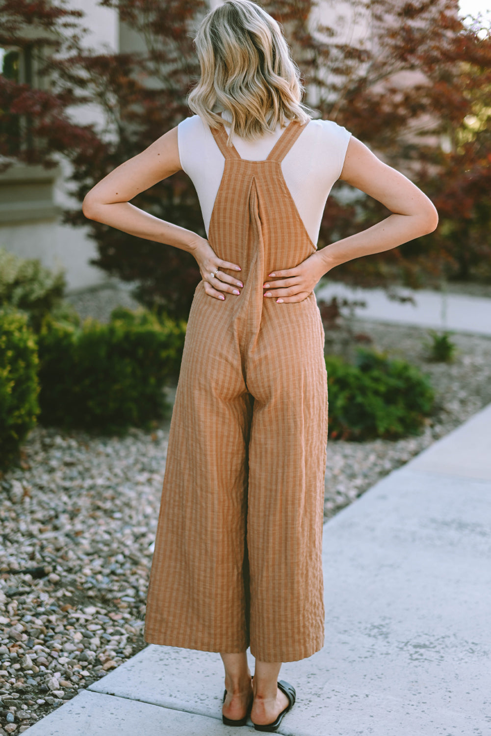 Chicory Coffee Striped Pleated Wide Leg Pocketed Jumpsuit