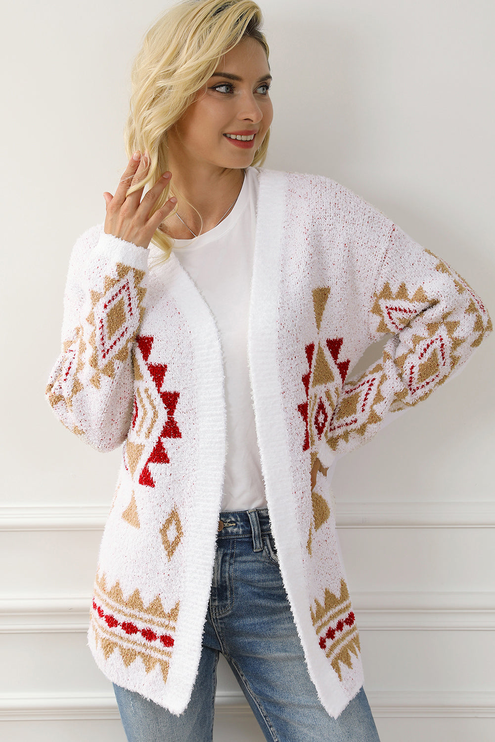 White Aztec Pattern Open Knitted Cardigan