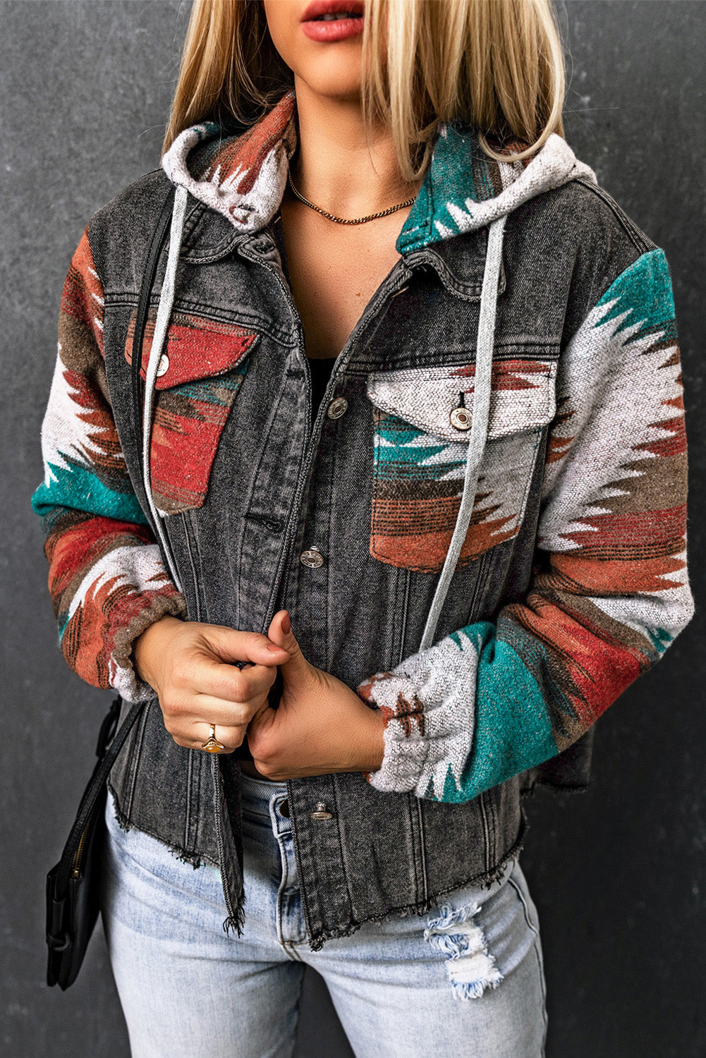 Multicolor Aztec Print Frayed Hem Denim Jacket