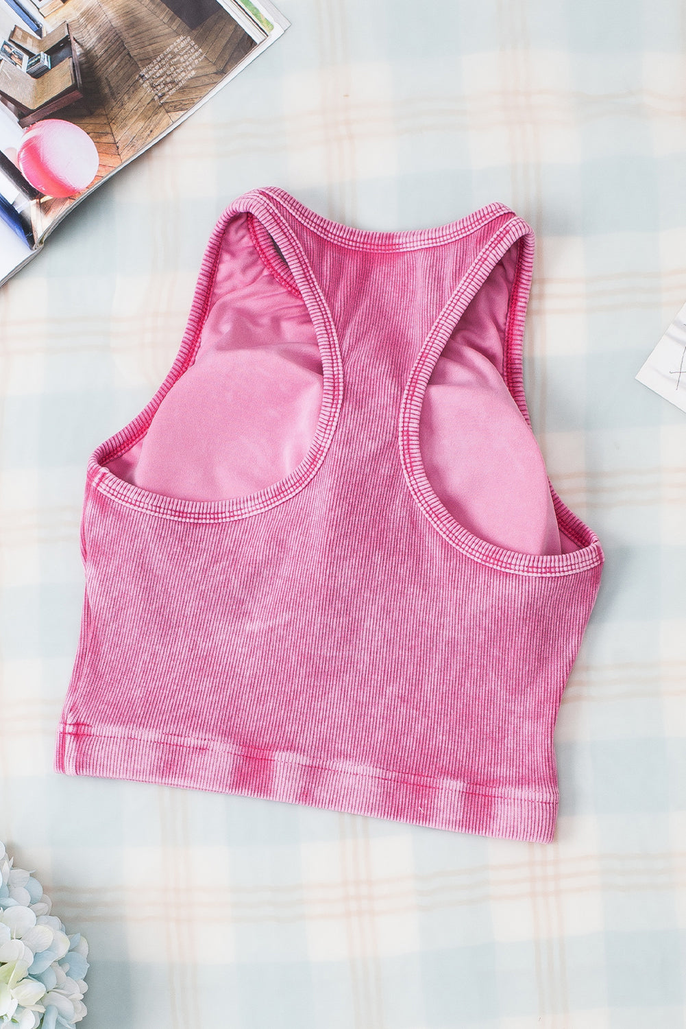 Pink Ribbed Mineral Wash Racerback Cropped Tank Top
