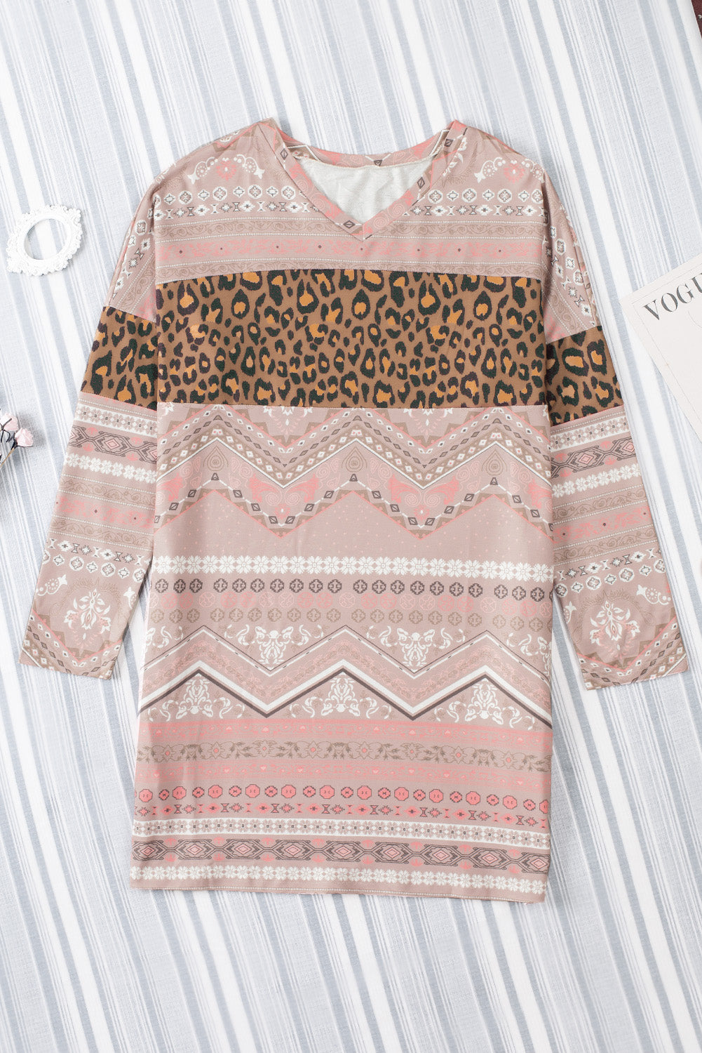 Khaki Khaki Leopard Geometric Color Block Plus Size Mini Dress