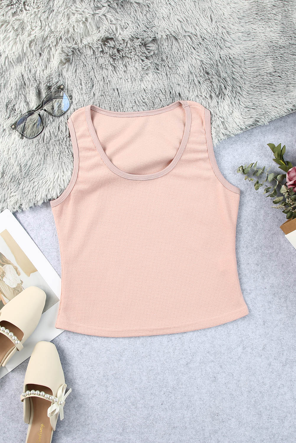 Pink Plain Waffle Knit U Neck Tank Top