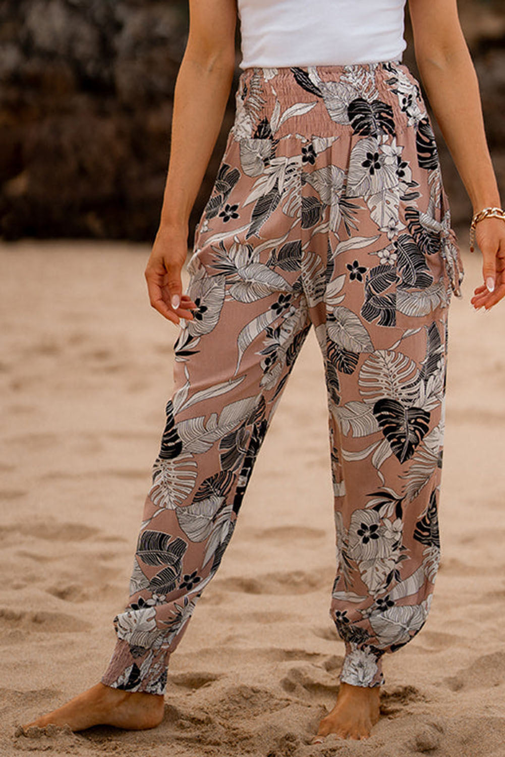 Multicolor Boho Smocked Waist Floral Print Jogger Casual Pants