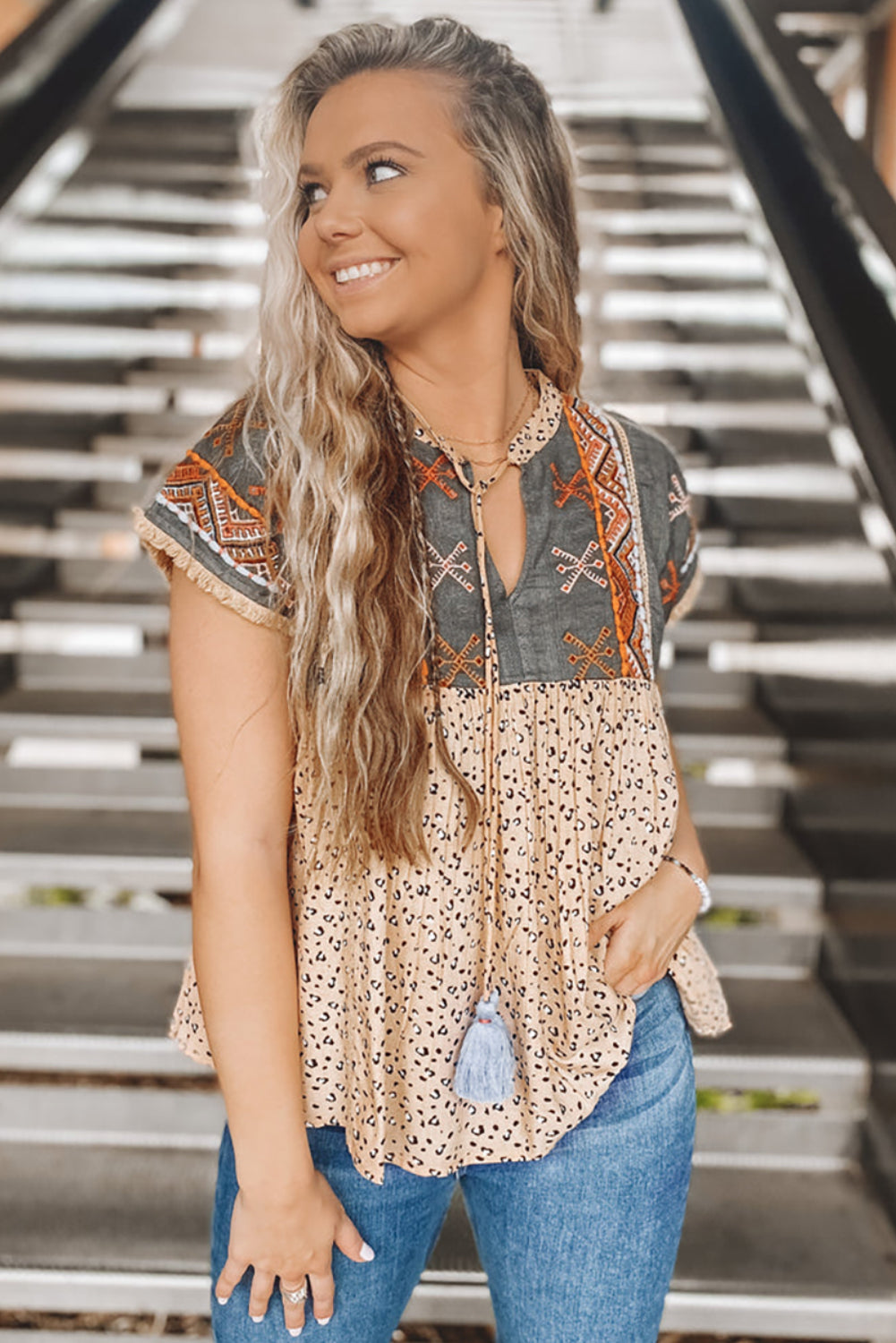 Khaki Geometric Leopard Patchwork Short Sleeve Top