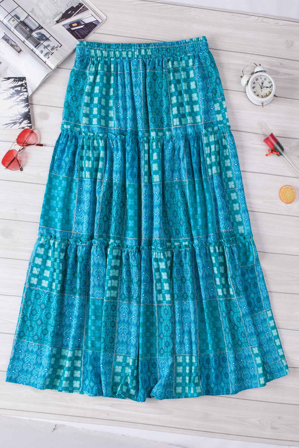 Tiered Paisley Print Pocketed Maxi Skirt