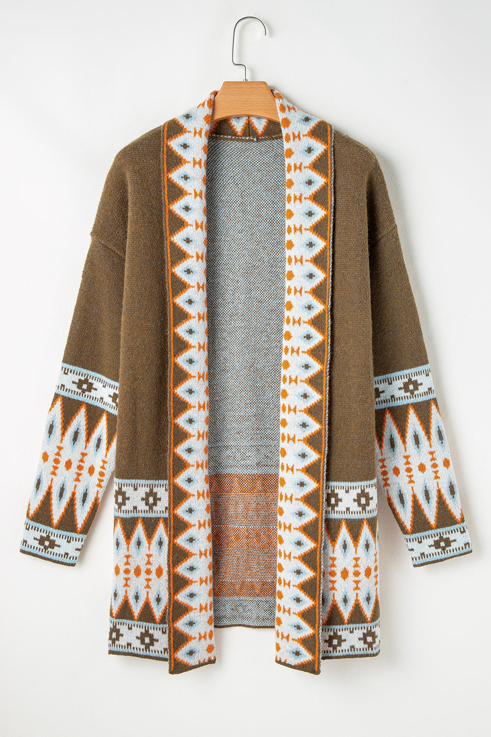 Green Aztec Print Open Front Knitted Cardigan