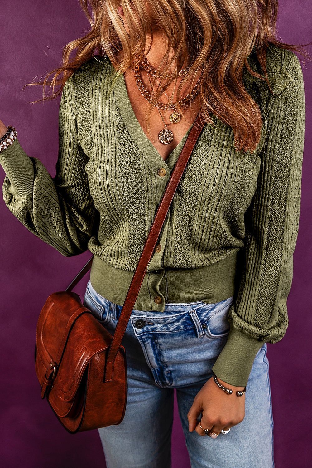 V Neck Buttoned Textured Sweater Cardigan