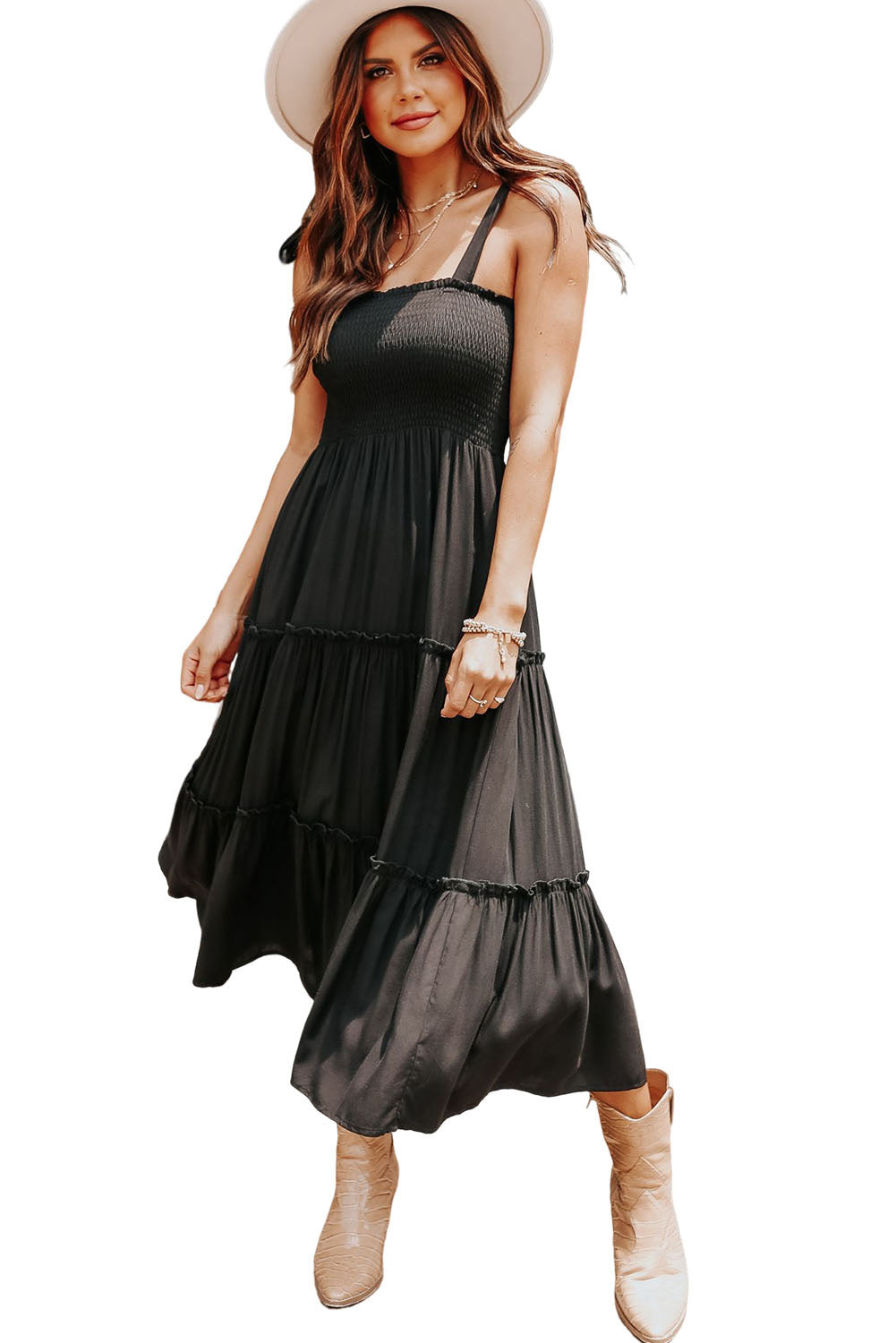 Tie Strap Smocked Frill Tiered Midi Dress