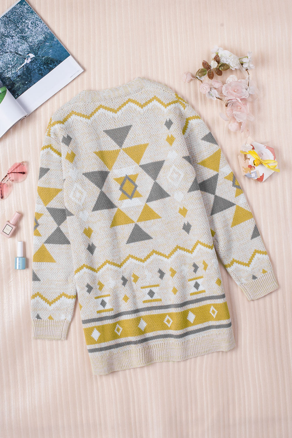 Geometric Print Open Front Knitted Cardigan
