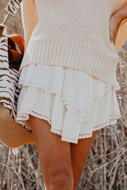 Solid Color High Waist Tiered Crochet Ruffle Mini Skirt
