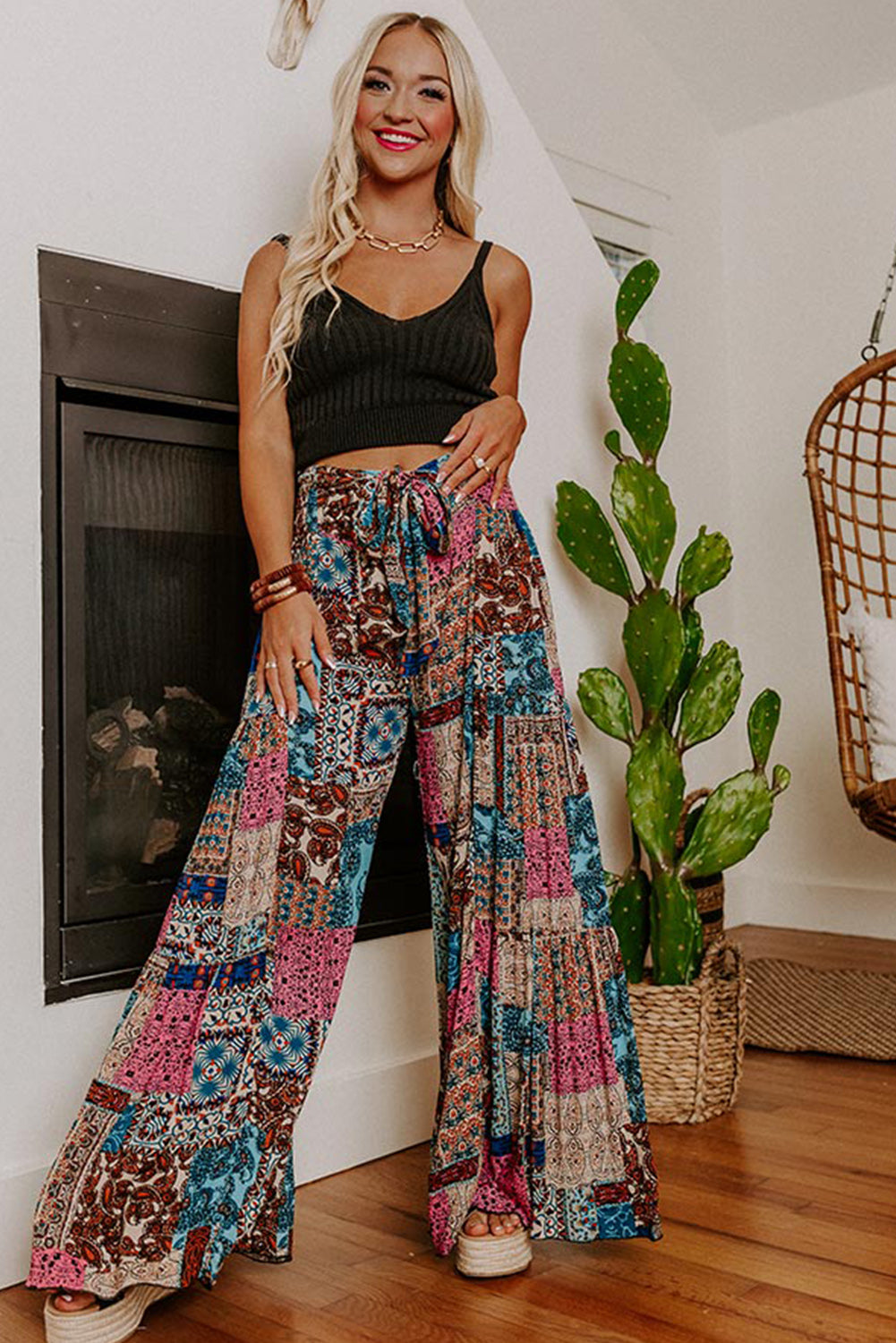 Multicolor Boho Paisley Mixed Print High Waist Pants