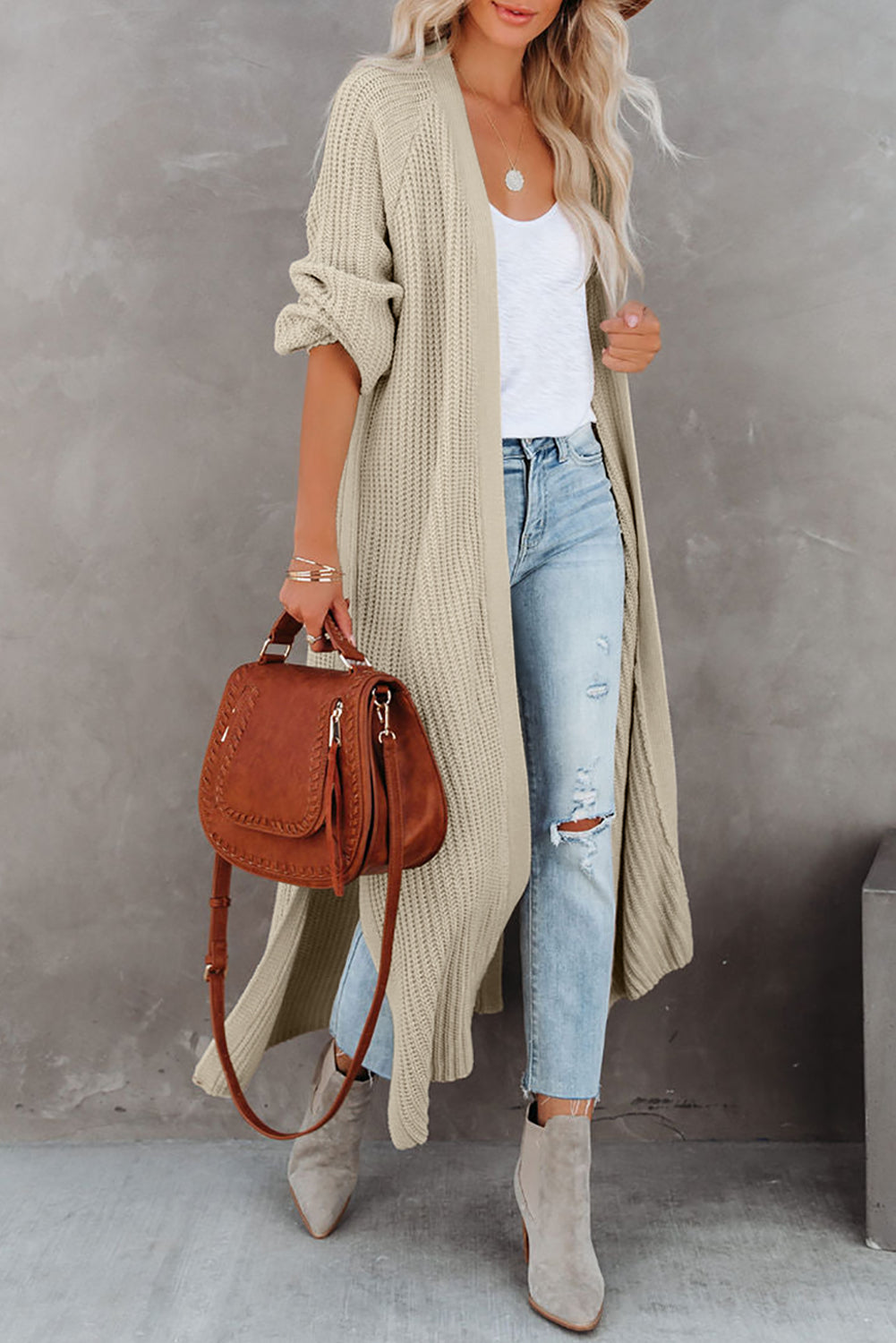 Green Open Front Side Slit Duster Knit Cardigan