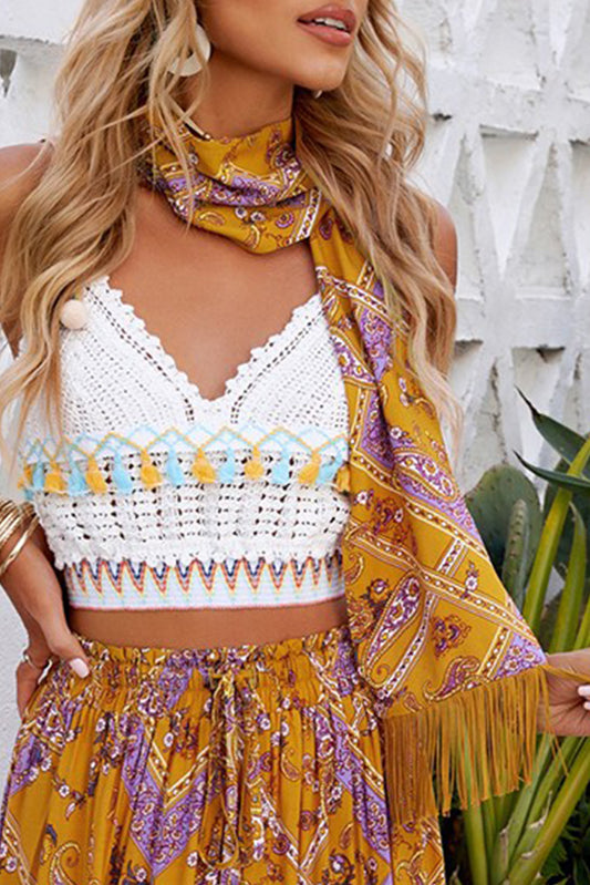 Geometric Paisley Print Headwear with Tassel Hemline