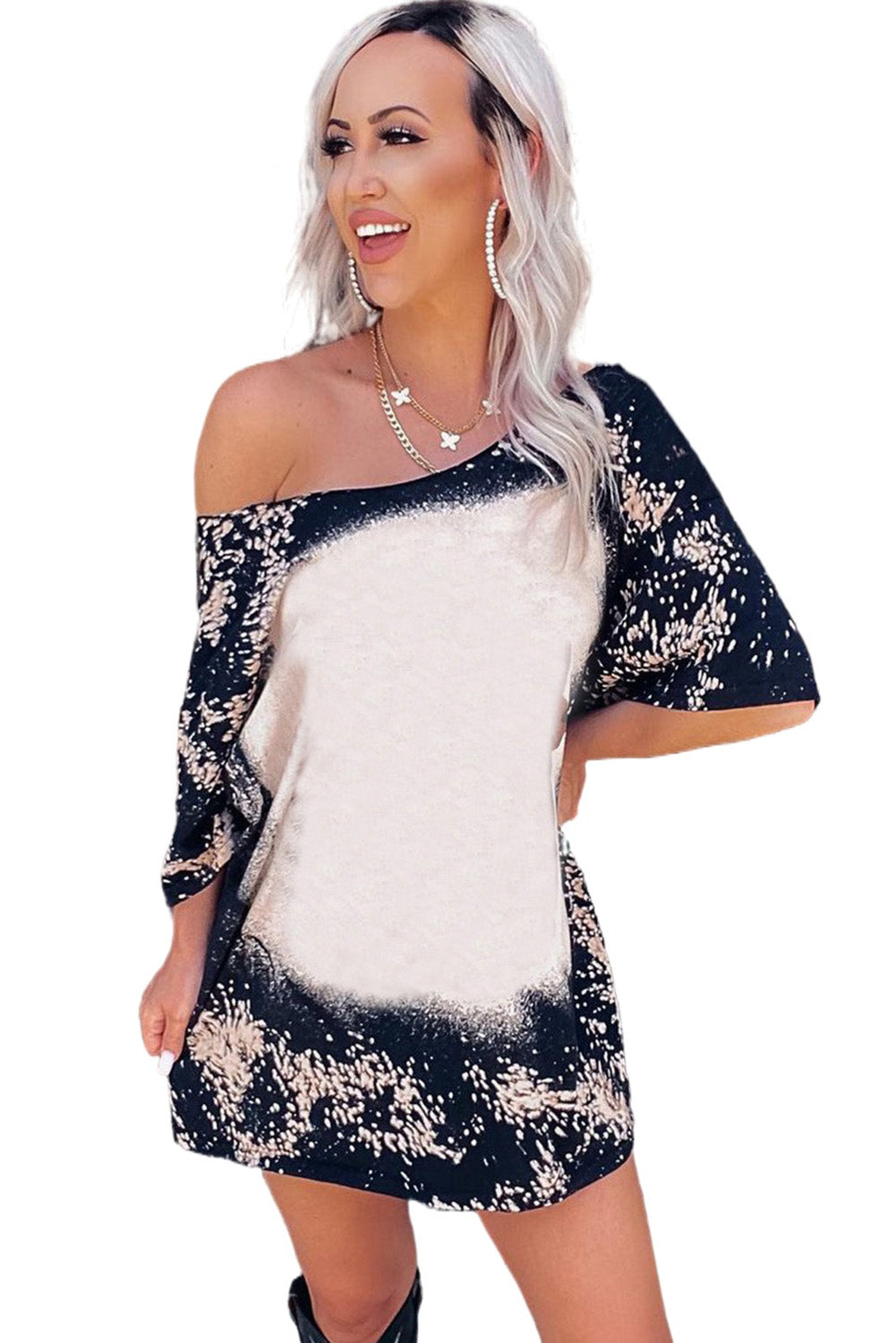 Blank Apparel- Bleached Tie-dye Print Half Sleeve Top