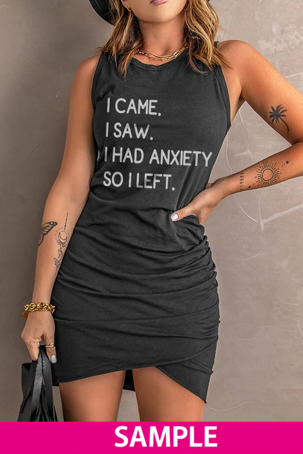 Ruched Arch Hem Round Neck Sleeveless Mini Dress