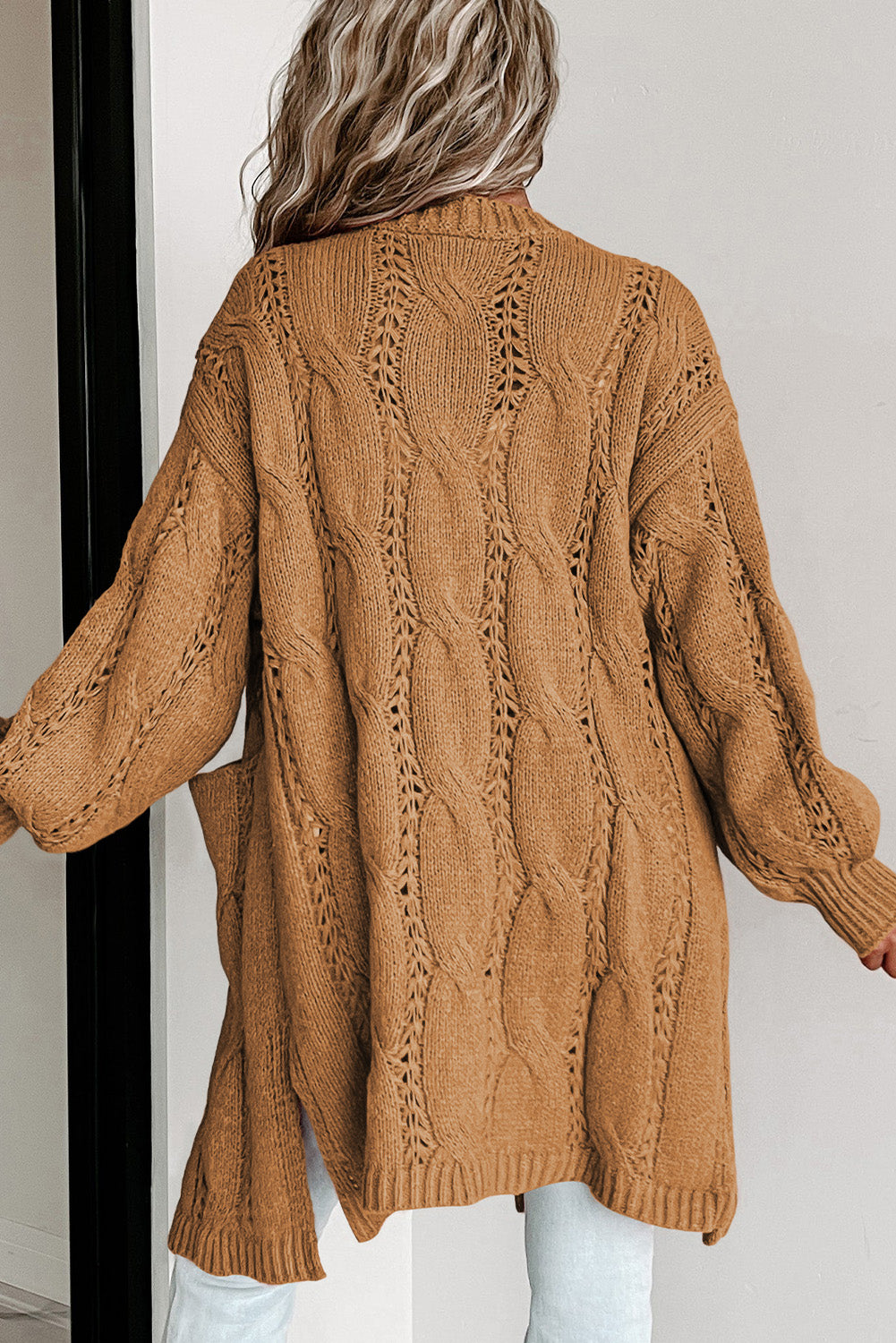 Ribbed Trim Eyelet Cable Knit Cardigan