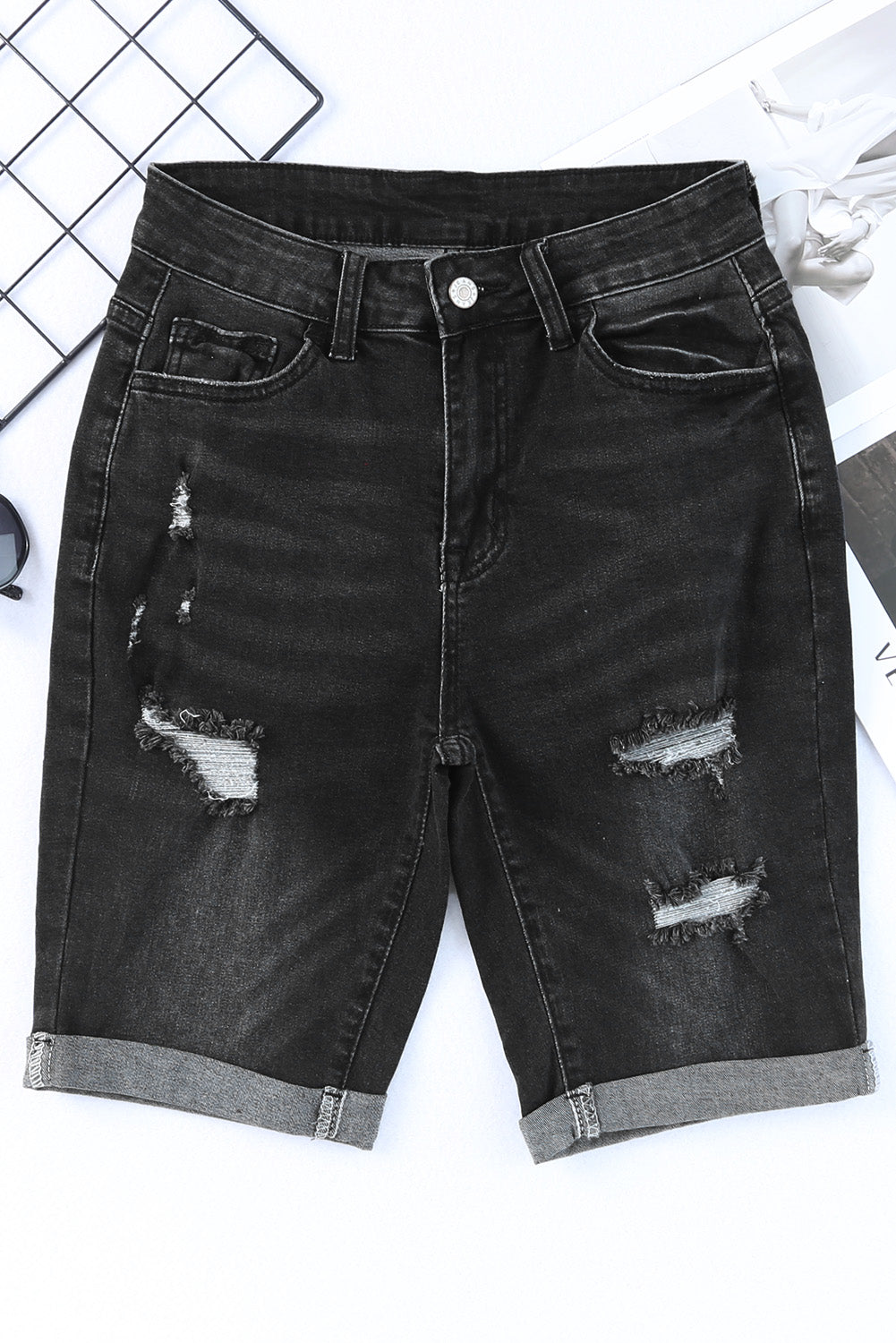 Black Roll-up Distressed Bermuda Denim Shorts