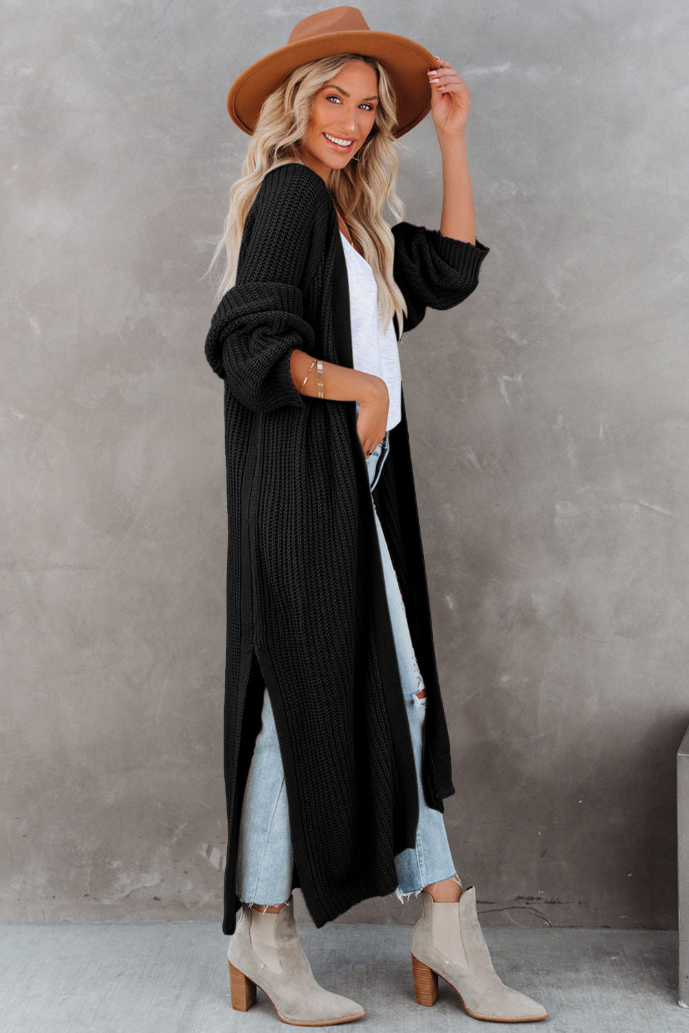Green Open Front Side Slit Duster Knit Cardigan