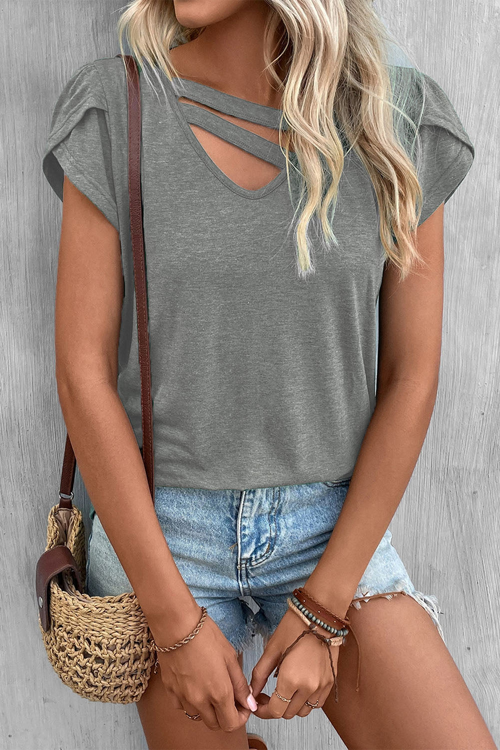 Green Strappy V Neck Overlap Short Sleeve Top