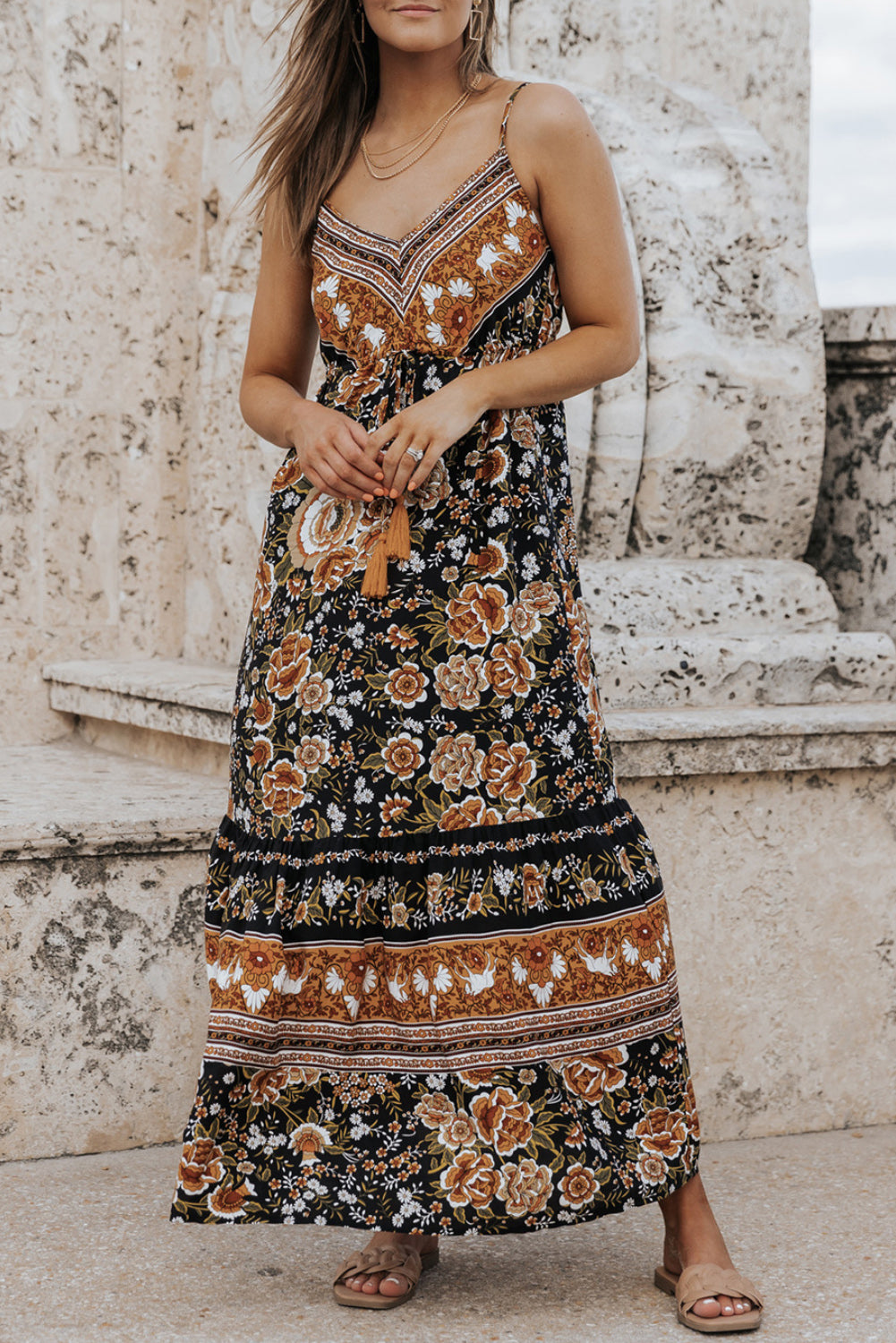 Retro Boho Floral Tassel Tie Maxi Dress