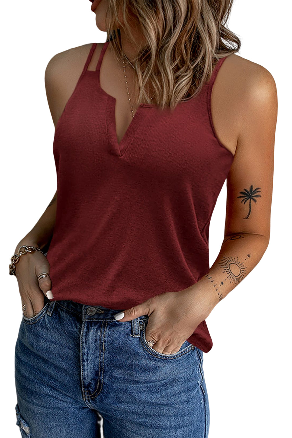 Dual Straps Notched Neck Knit Tank Top