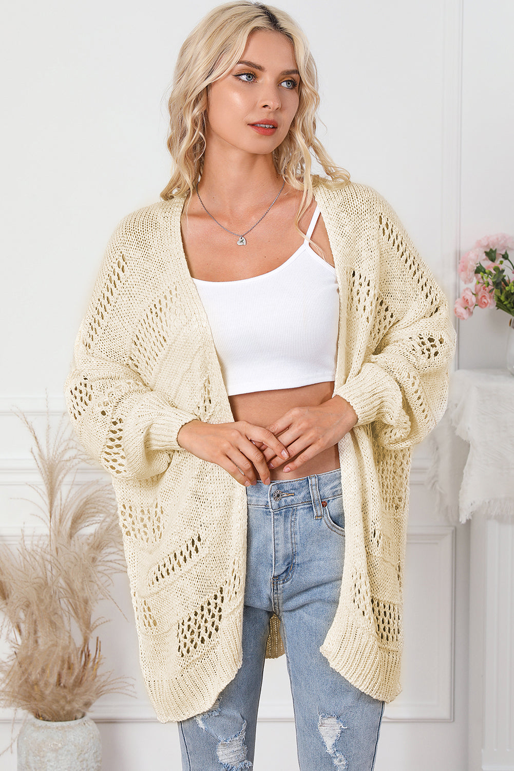 Pink Casual Hollowed Knit Dolman Sleeve Cardigan