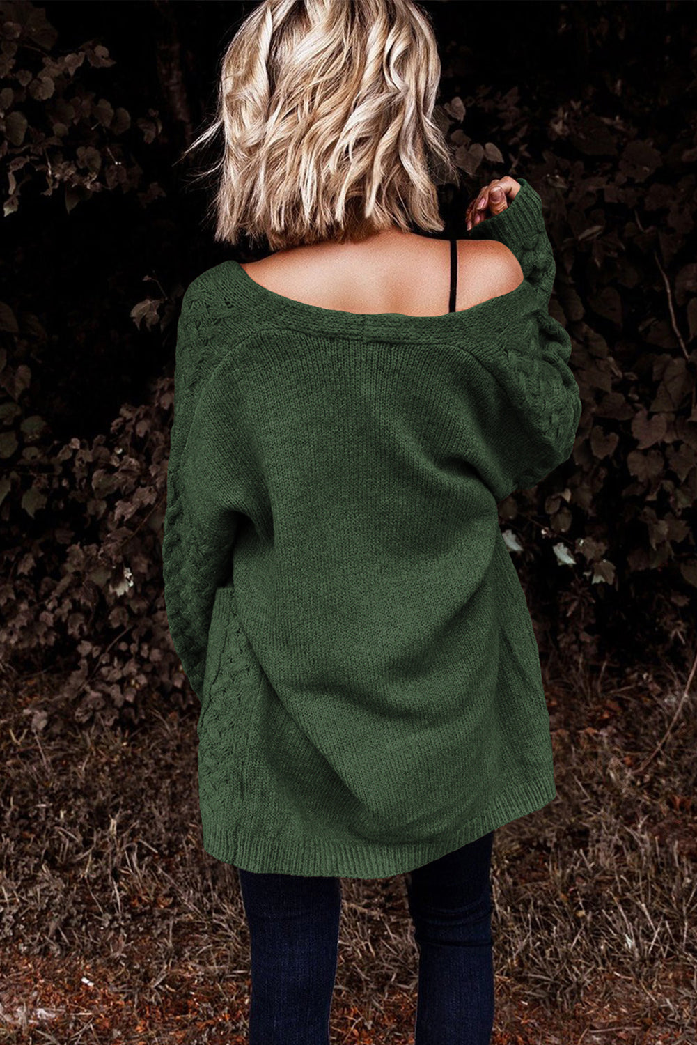 Gray Open Front Woven Texture Knitted Cardigan with Pockets