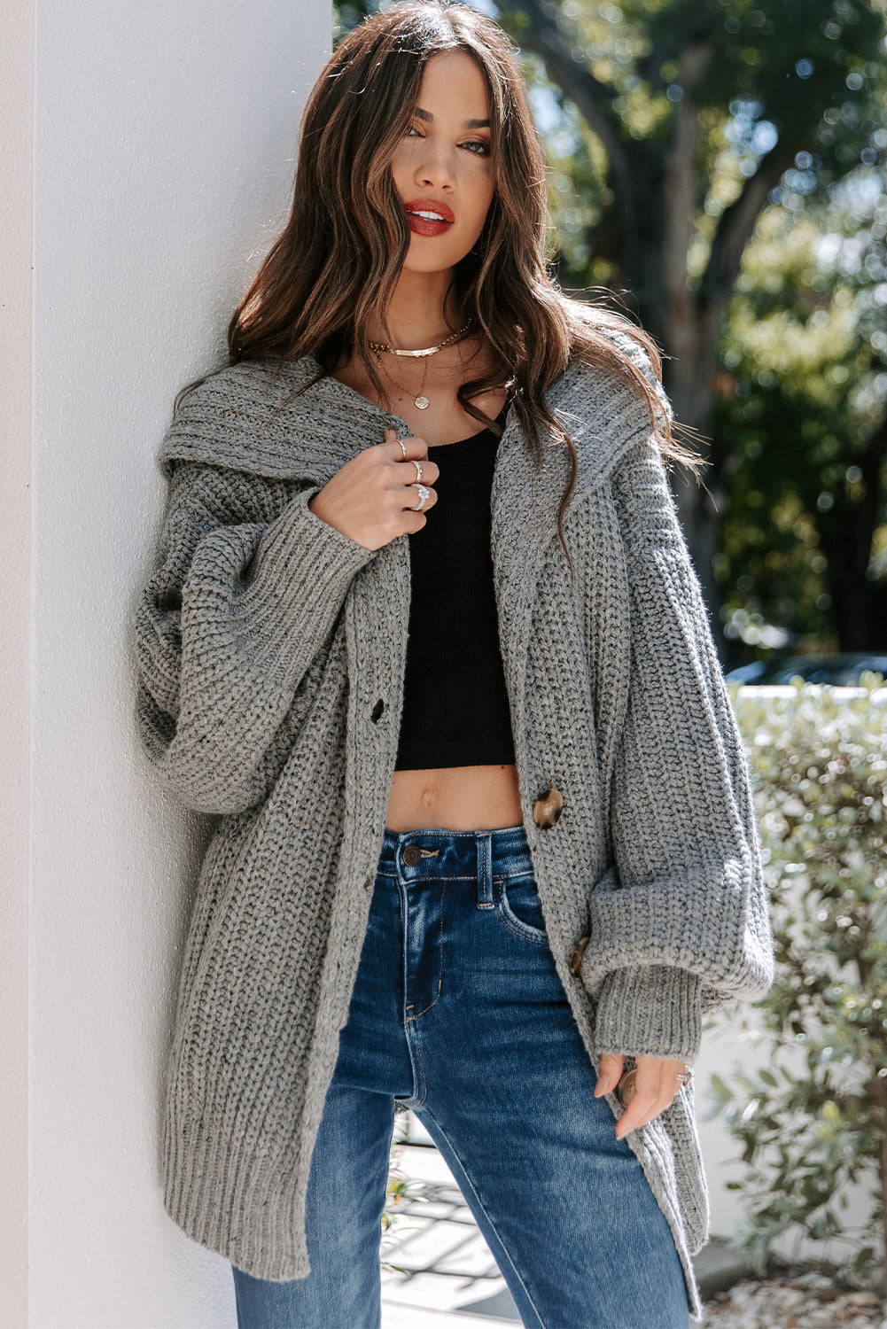 Gray Oversized Turndown Collar Pocketed Cardigan