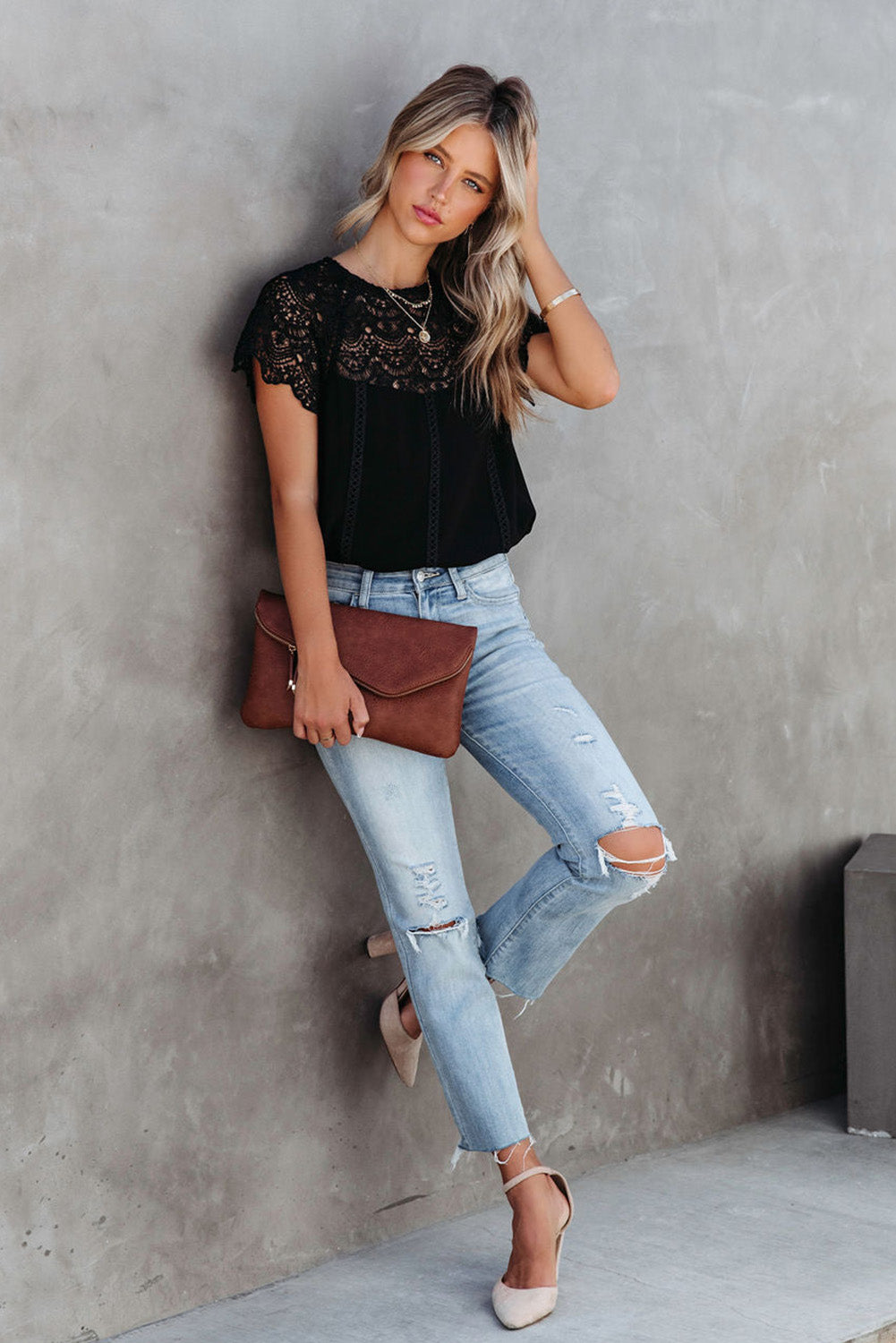 Lace Crochet Patchwork Short Sleeve Blouse