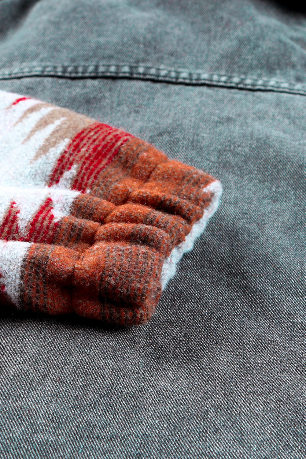 Multicolor Aztec Print Frayed Hem Denim Jacket