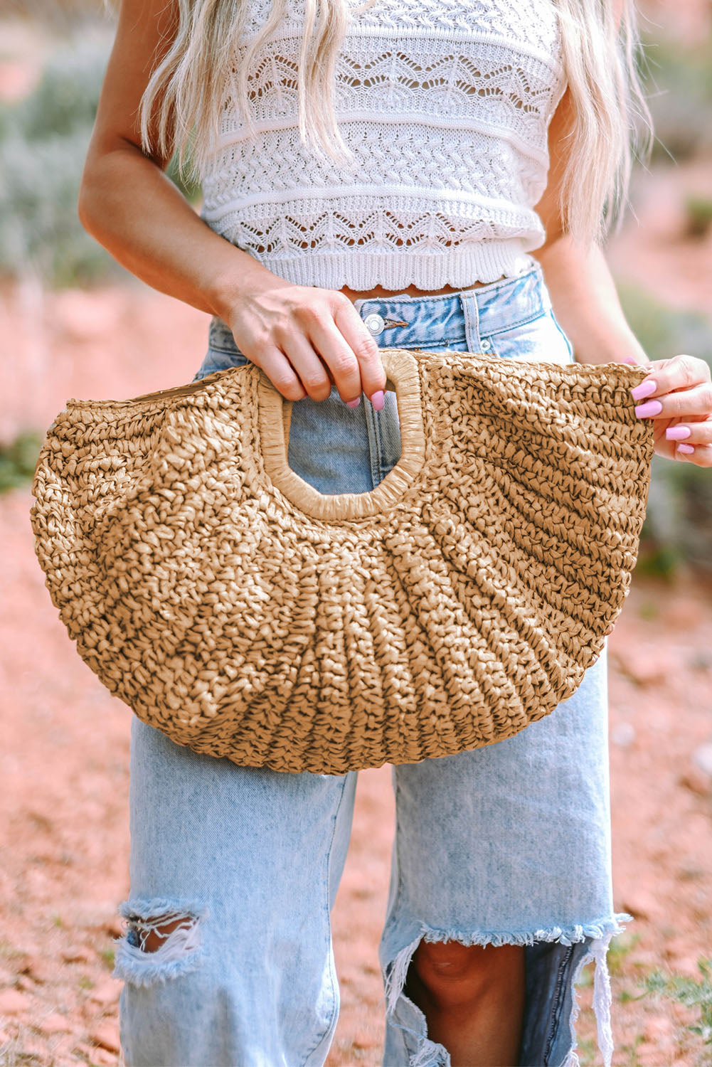 Semi-circle Braided Straw Bag 46*5*30cm