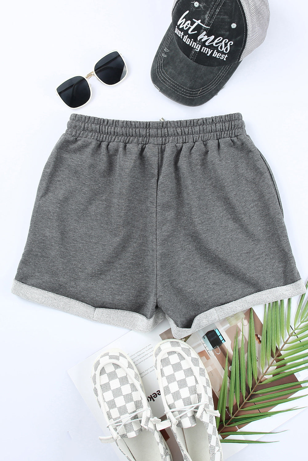 Tie Waist Side Pockets Cuffed Lounge Shorts