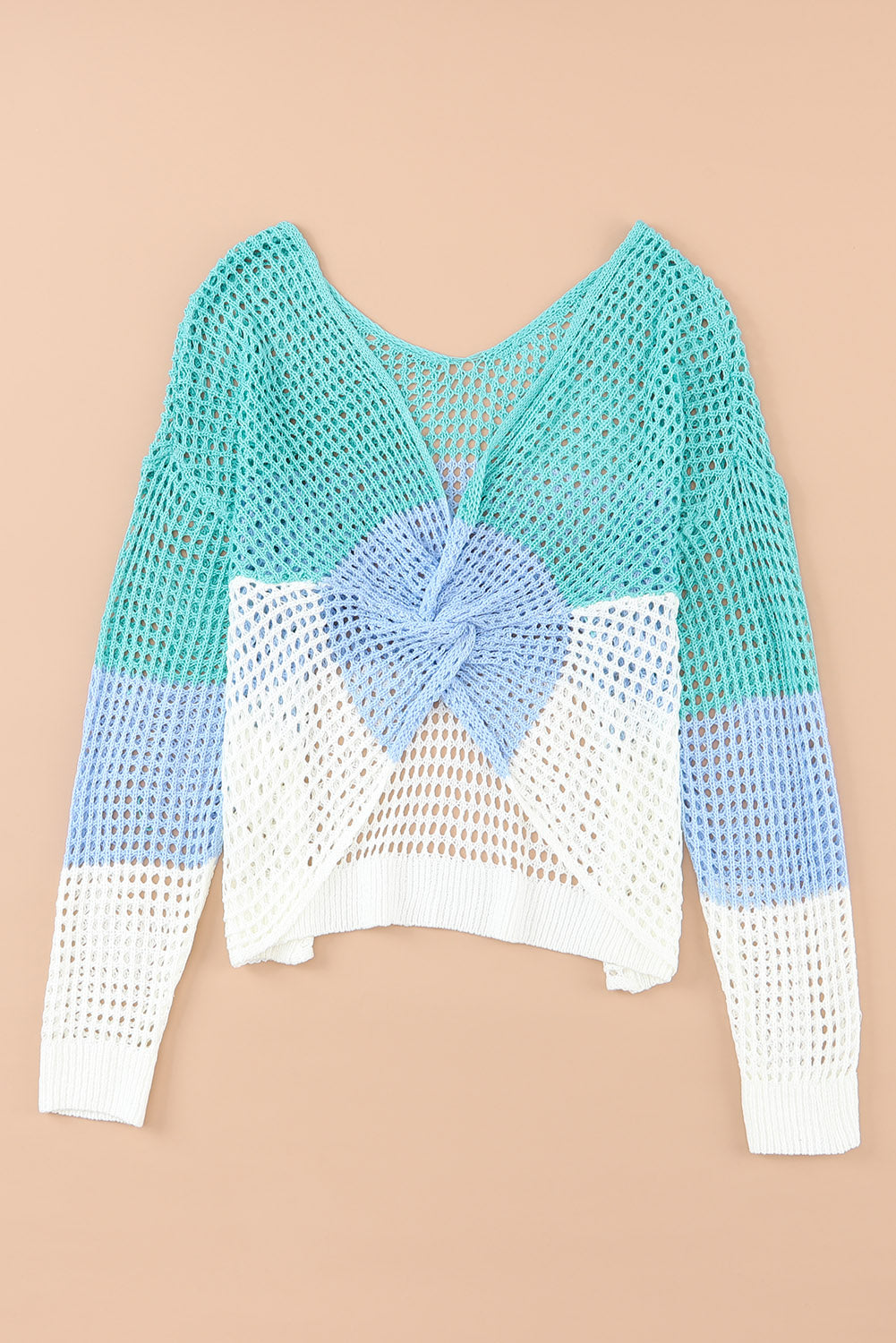 Multicolor Color Block Eyelet Long Sleeve Twisted Back Knit Top